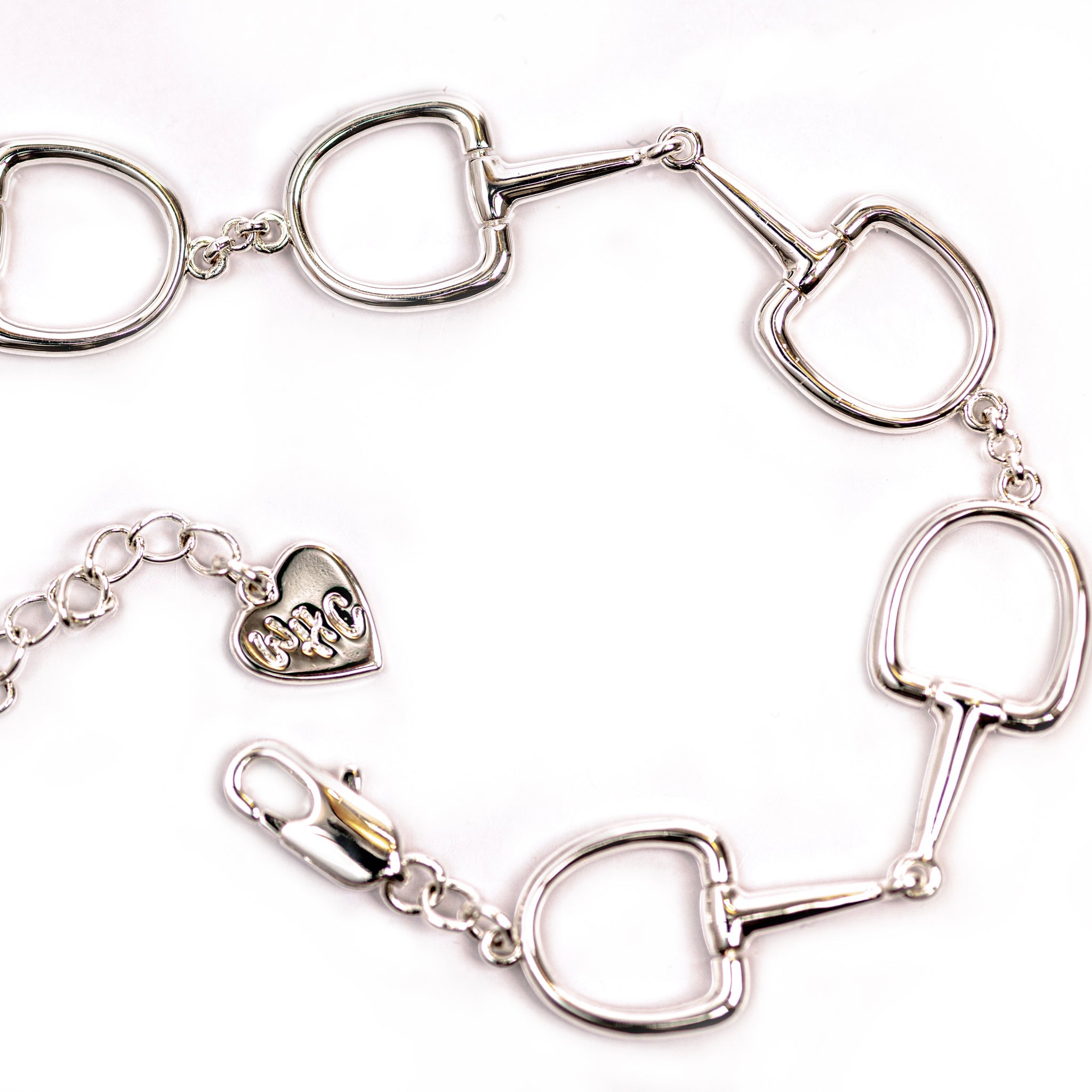 A beautiful shot of a delicate silver bracelet featuring a large, polished Snaffle Bit chain, as a piece of women's gold jewelry with horse details.