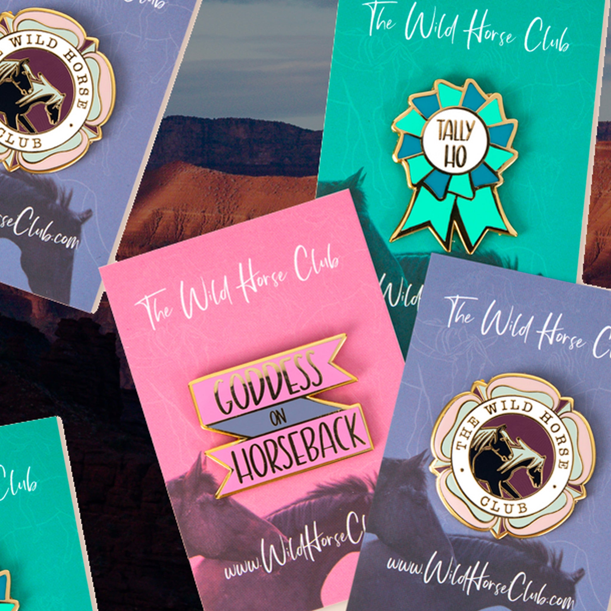 A beautiful product flat lay showing various equestrian gifts, pins and stickers/patches with horses.