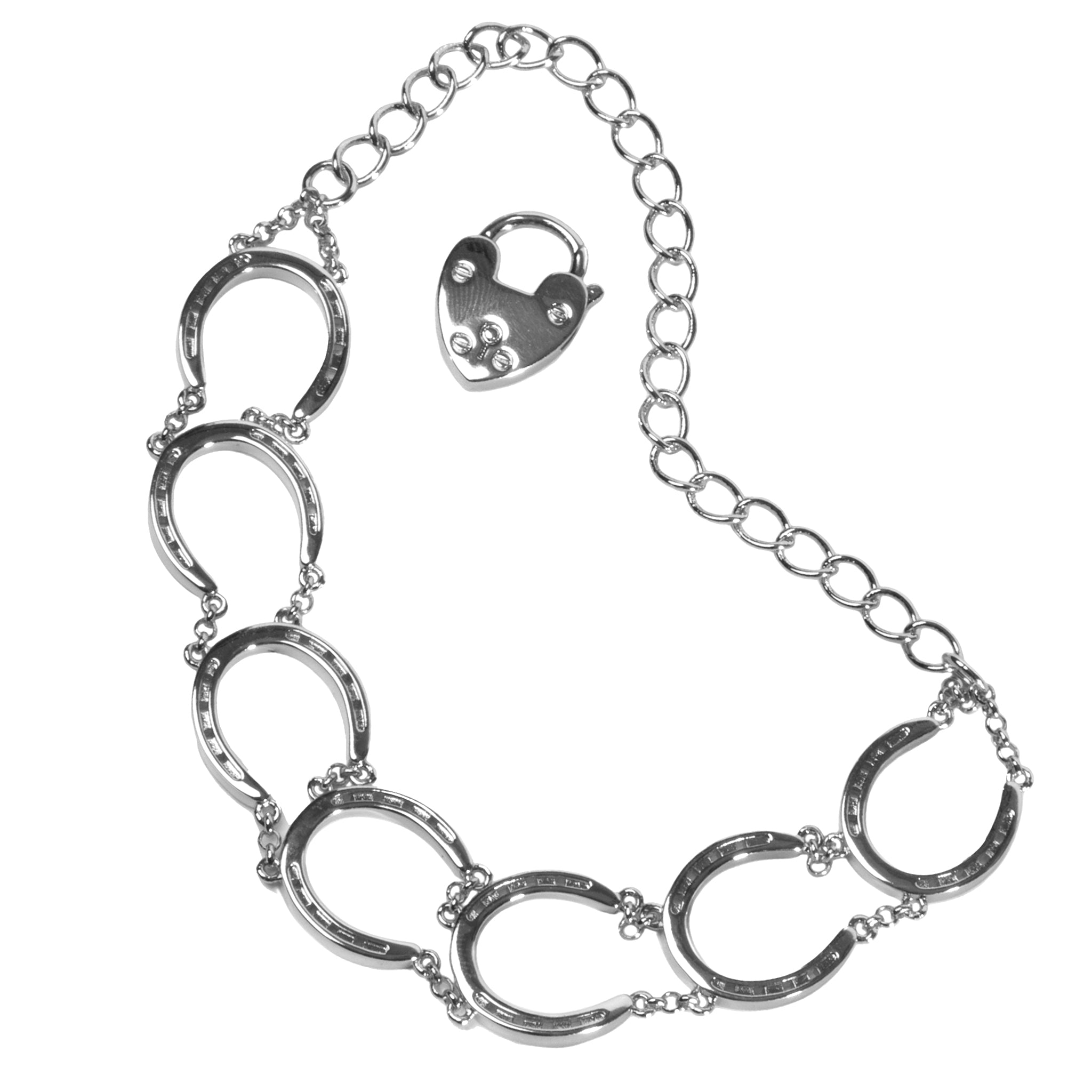 A linked silver bracelets chain with several detailed horse shoe links and a toggle clasp, a unique piece of jewelry.