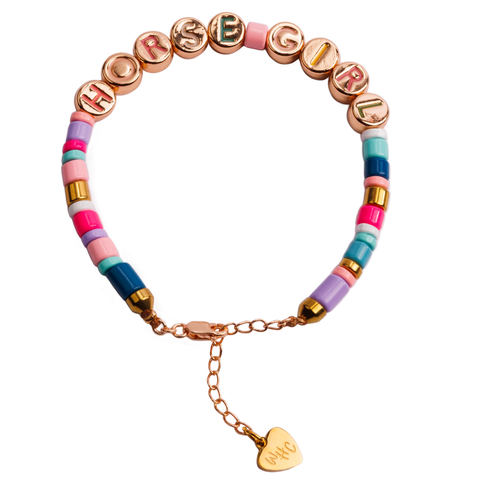 Horse Girl friendship bracelet, a gold and colorful beaded horse jewelry piece with a small heart charm.