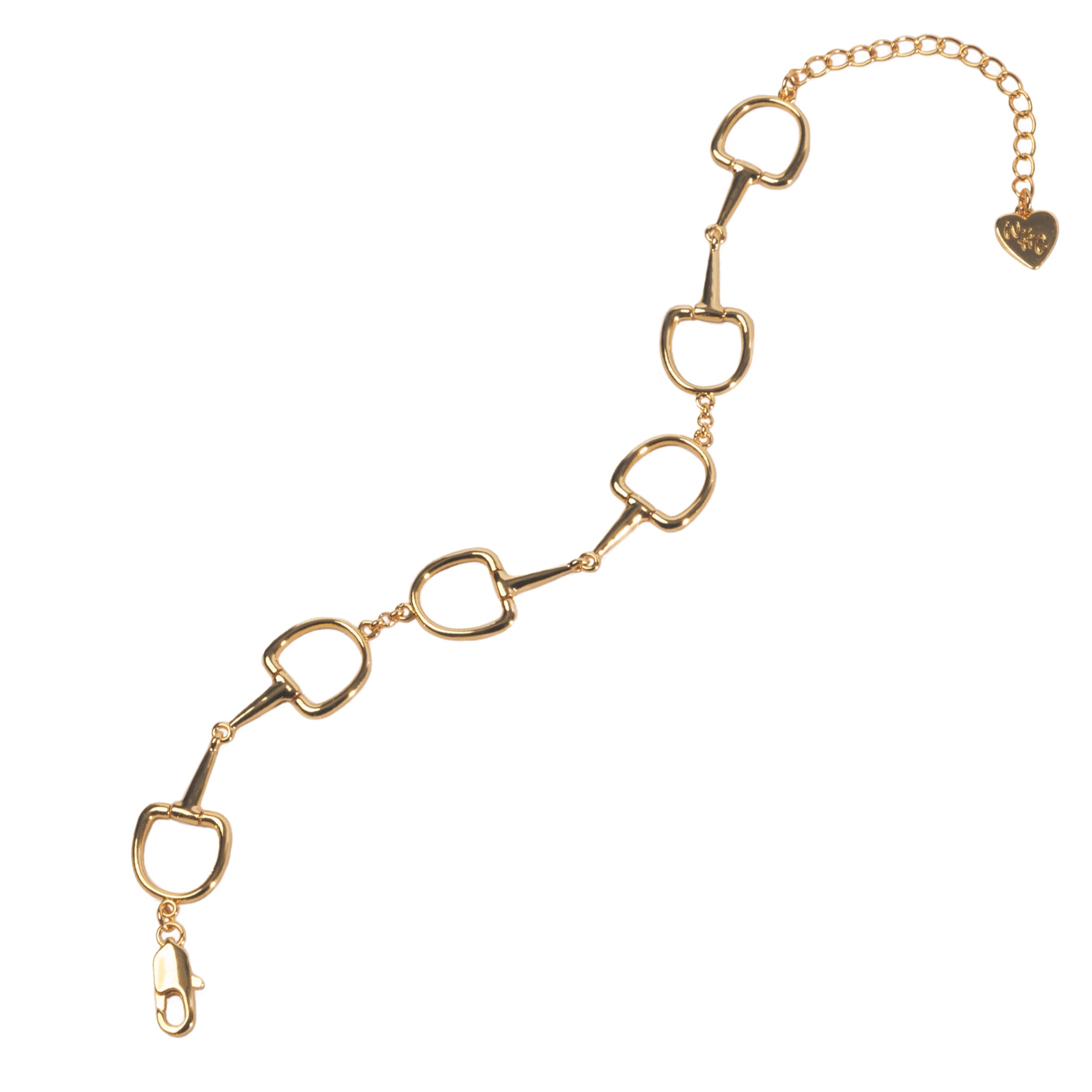 An elegant women's bracelet with linked gold snaffle bit charms and a gold chain extension