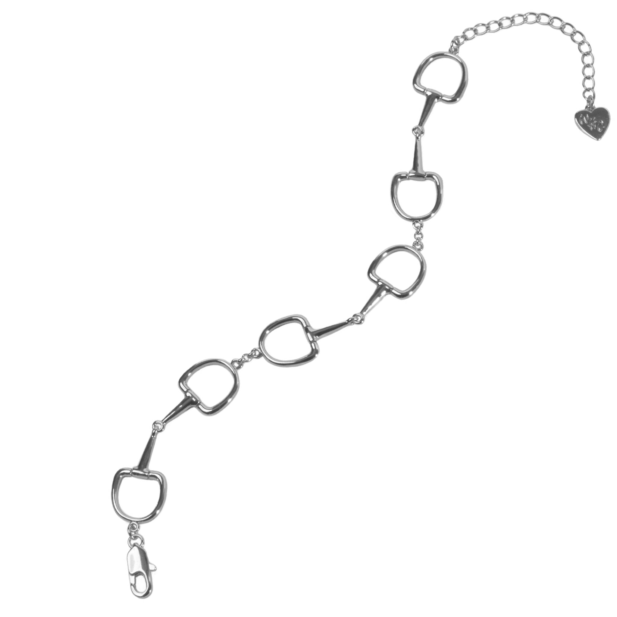 A snaffle bit bracelet showing three polished snaffle bit charms, a perfect piece of horse jewelry for any horse lover