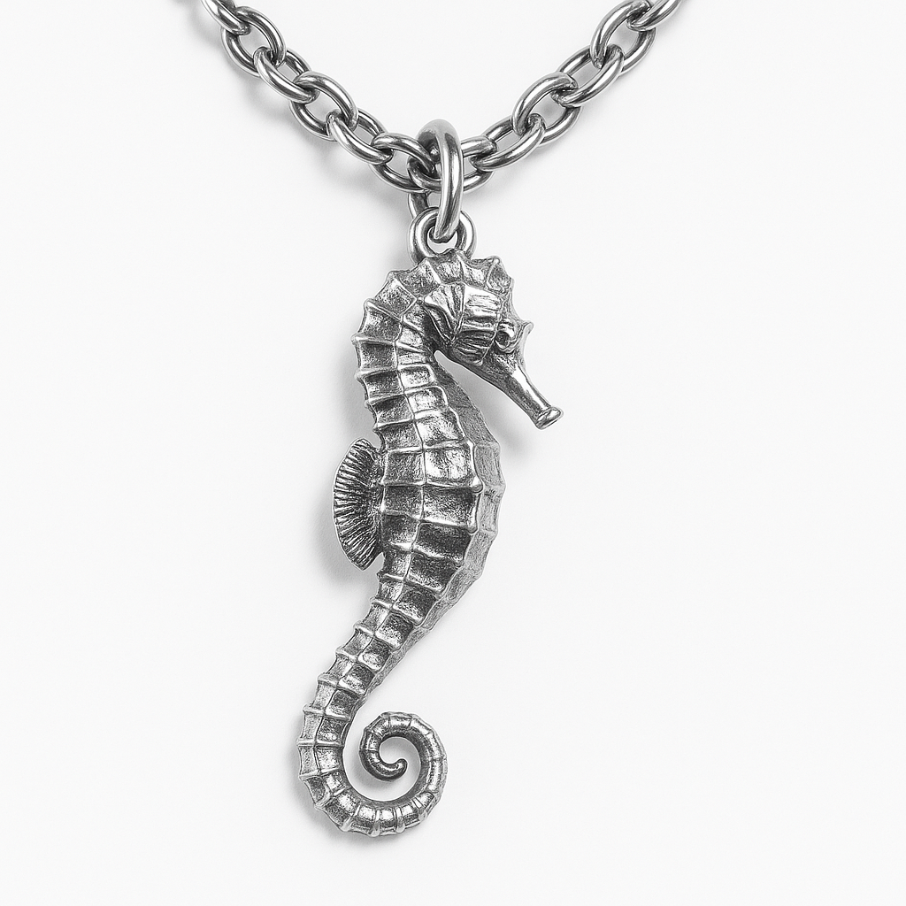 Handmade jewelry silver necklace featuring a large seahorse pendant, a unique equine piece showing jewelry for women.