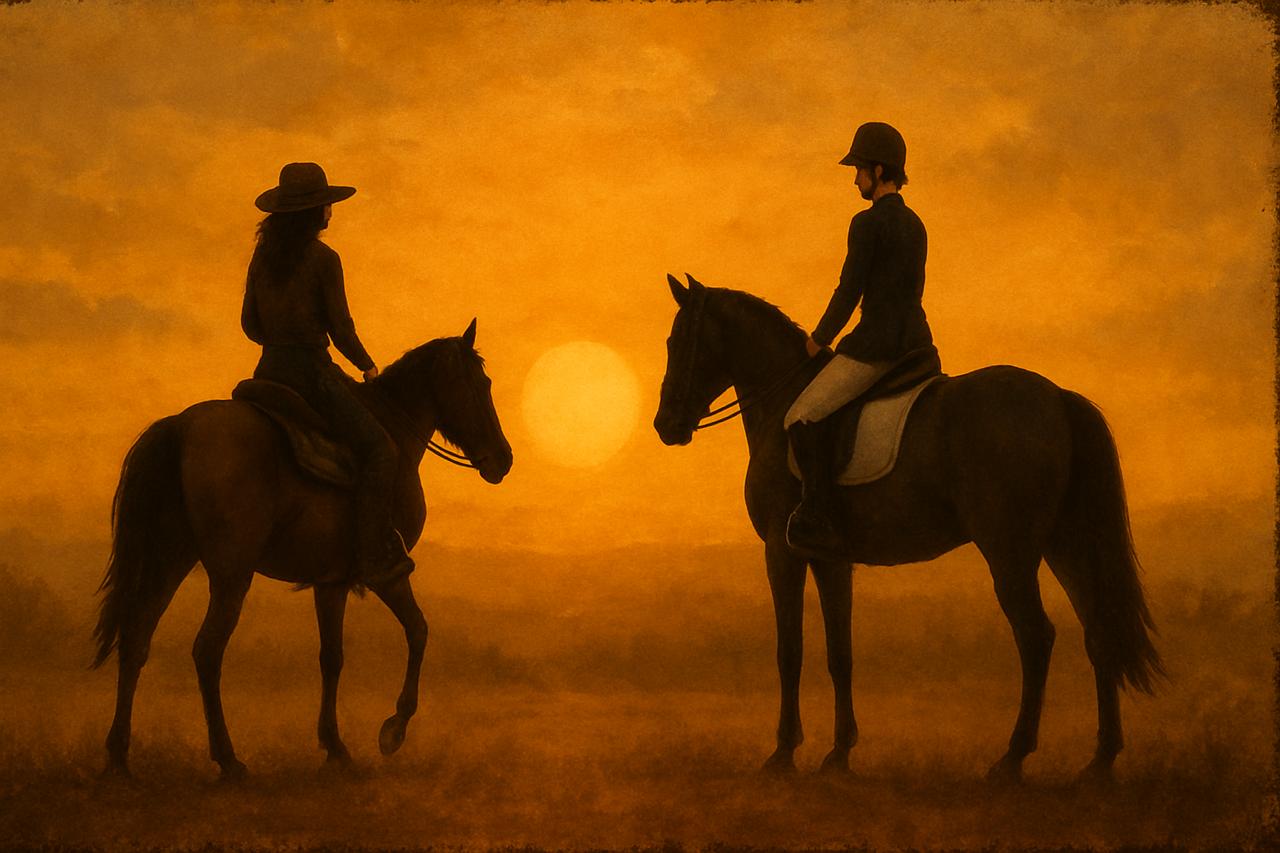 A beautiful close-up of two cowboys riding horses.