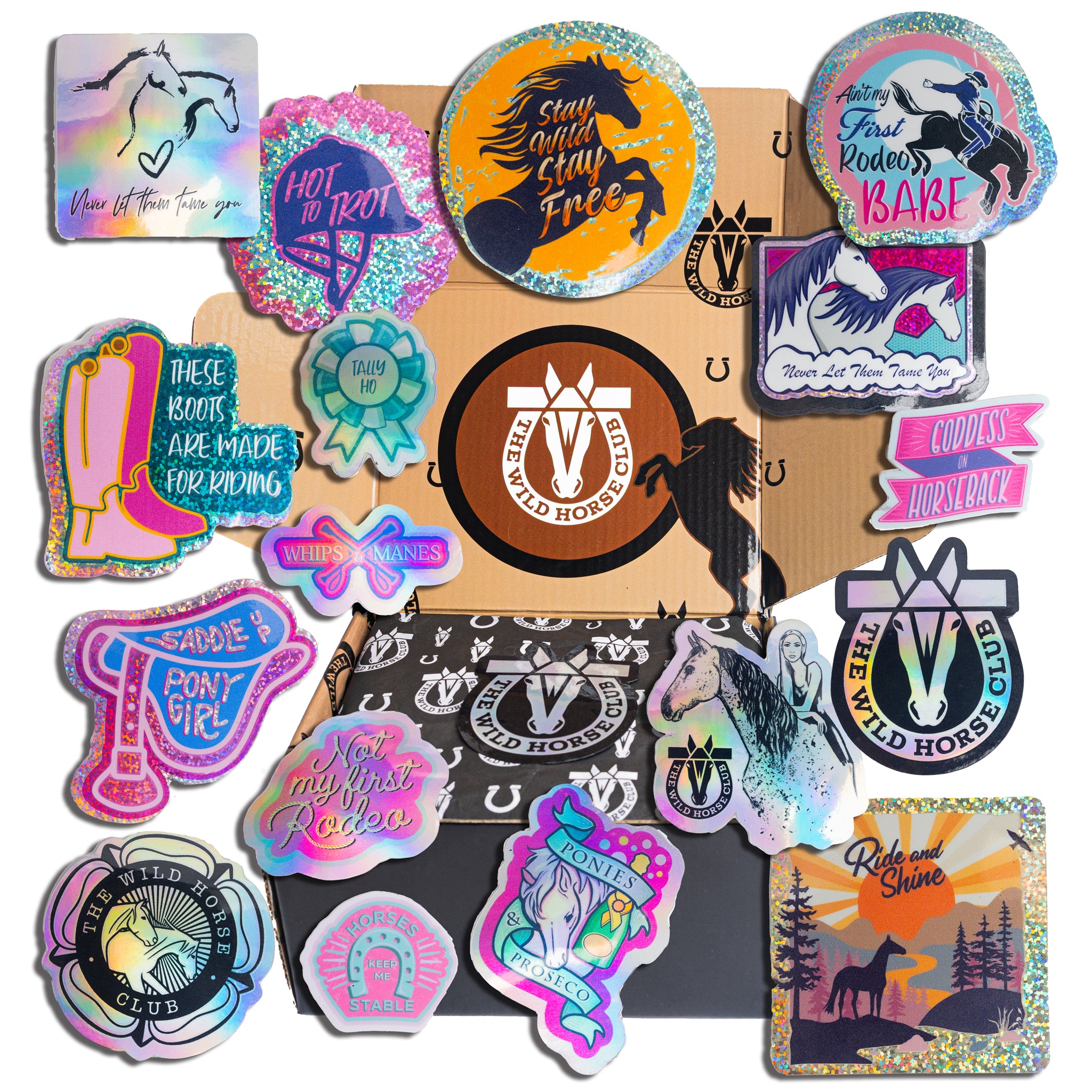 A collage image featuring various colorful horse stickers and horse jewelry products, representing The Wild Stick Club Sticker Collection.