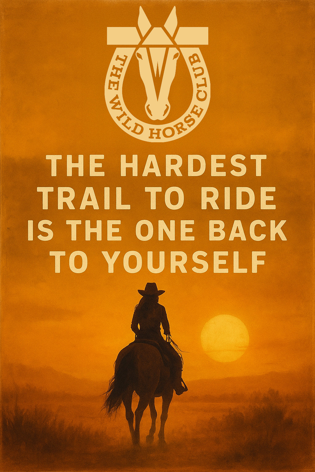 A woman riding a horse through the desert at sunset, a lifestyle image to promote horse jewelry.