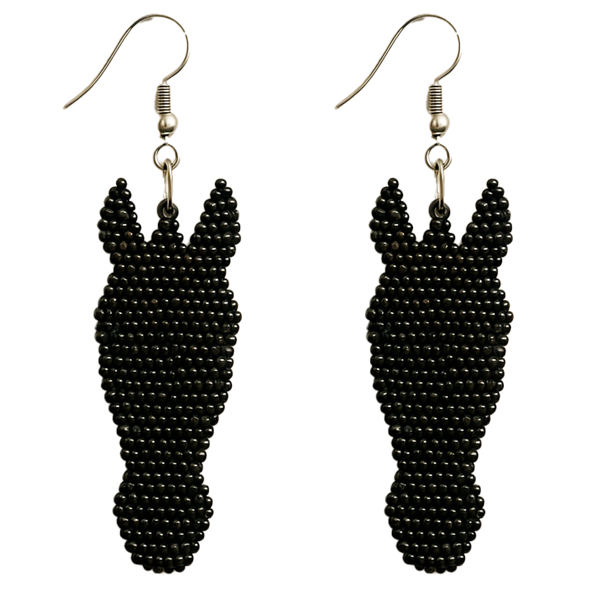 A close-up image of a black beaded horse earring or pair, showcasing the detailed silhouette of the horse head.