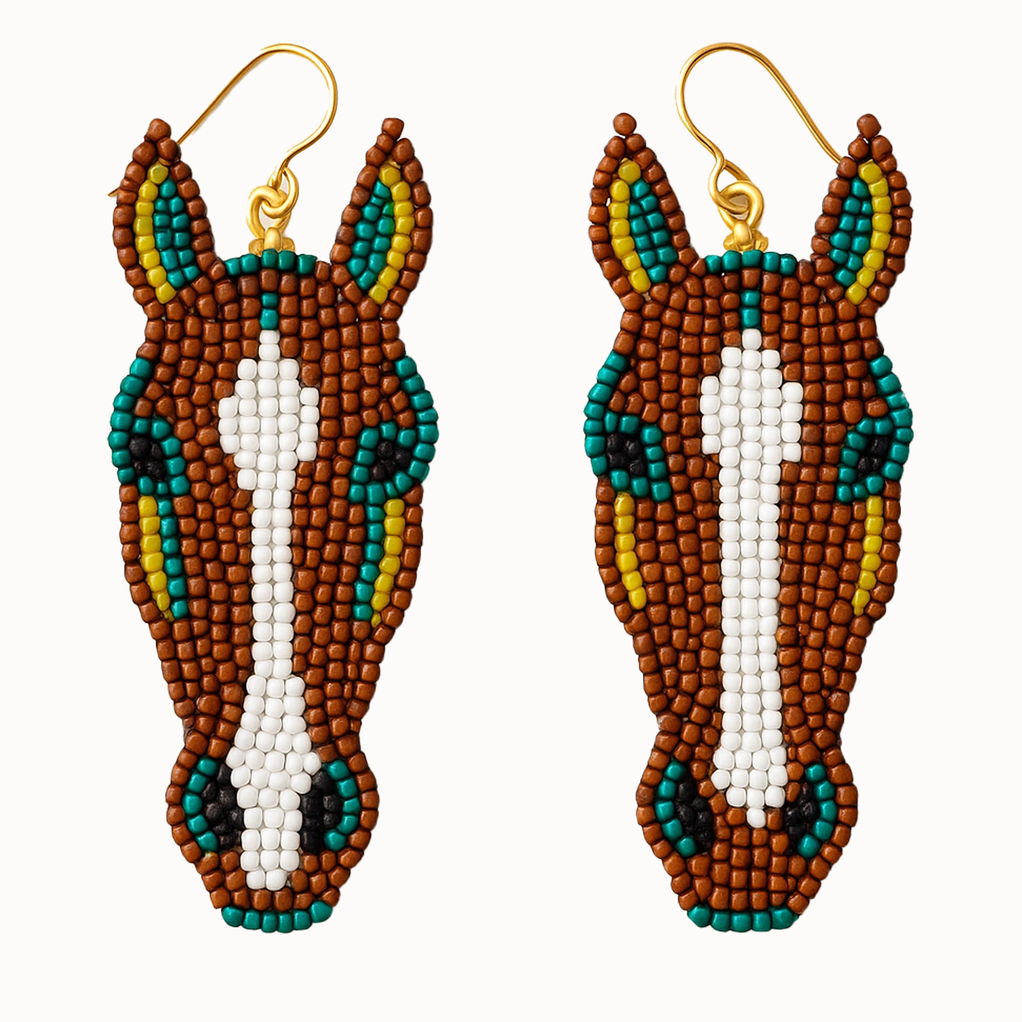 Detailed shot of the vibrant Brown, Turquoise and Yellow beadwork on the horse earrings, showcasing the high-quality craftsmanship.