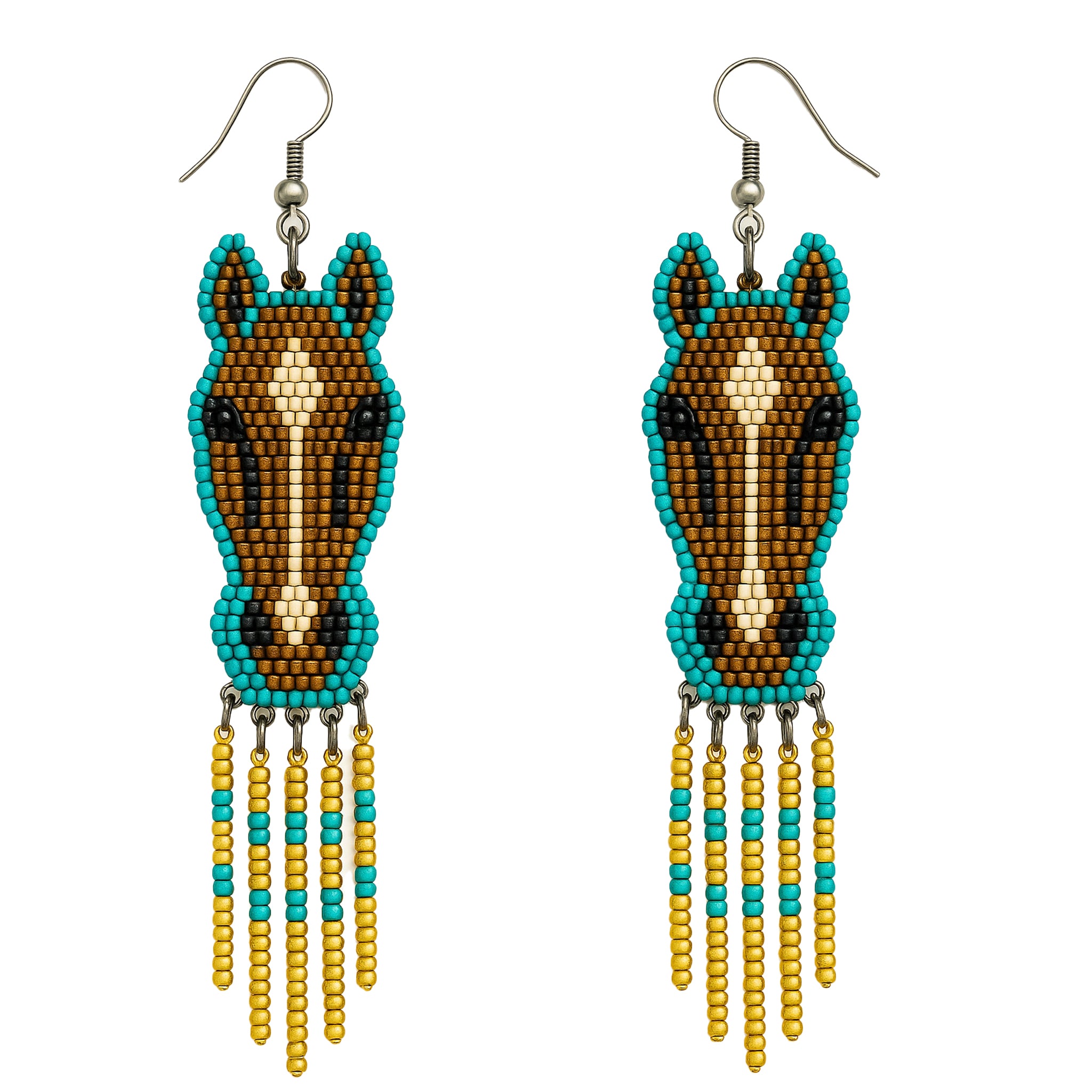 A vibrant beaded horse head earring with a blaze pattern, showcasing Turquoise, Yellow, Black, and Brown beadwork in detail.