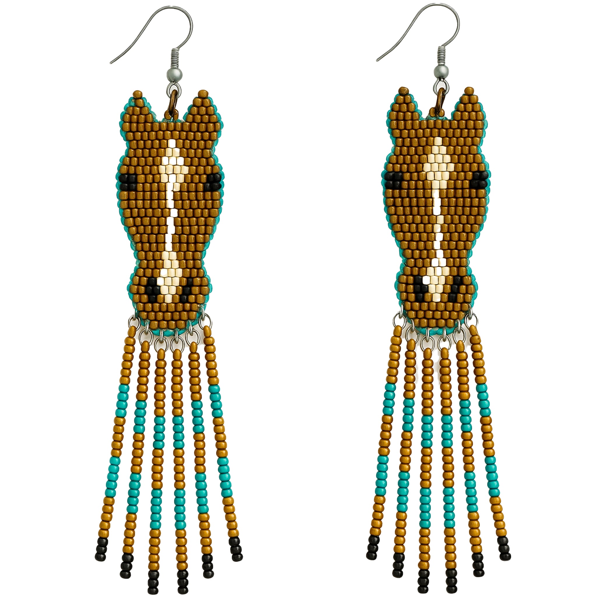 A pair of beaded horse head earrings with turquoise and brown beads featuring intricate patterns in bright colors
