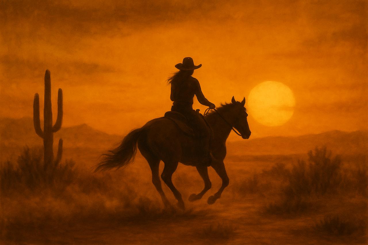 A silhouette of a cowgirl riding a horse at sunset in a desert landscape with a cactus, symbolizing the spirit of horse lovers