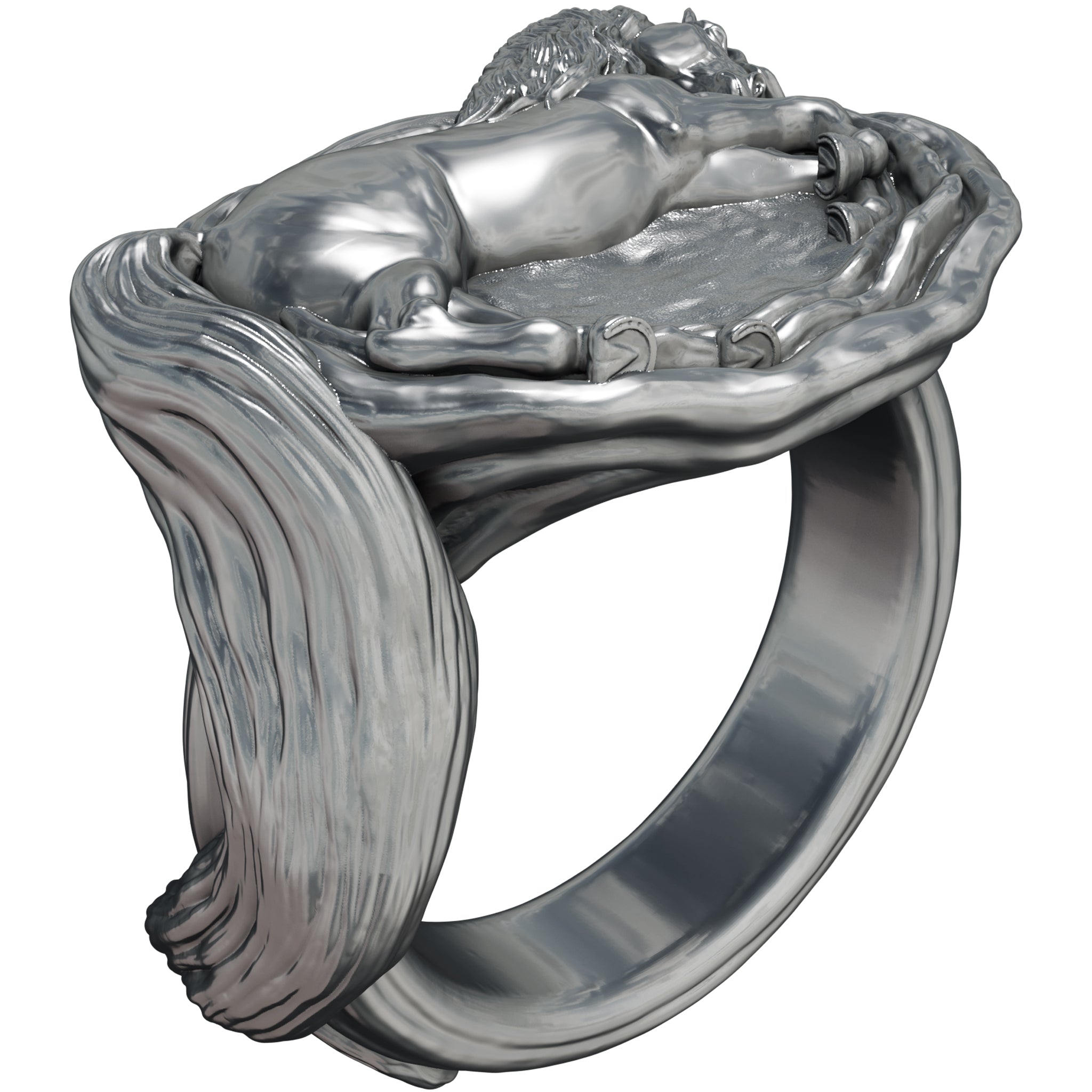 Flowing Mane Horse Solid Silver Ring