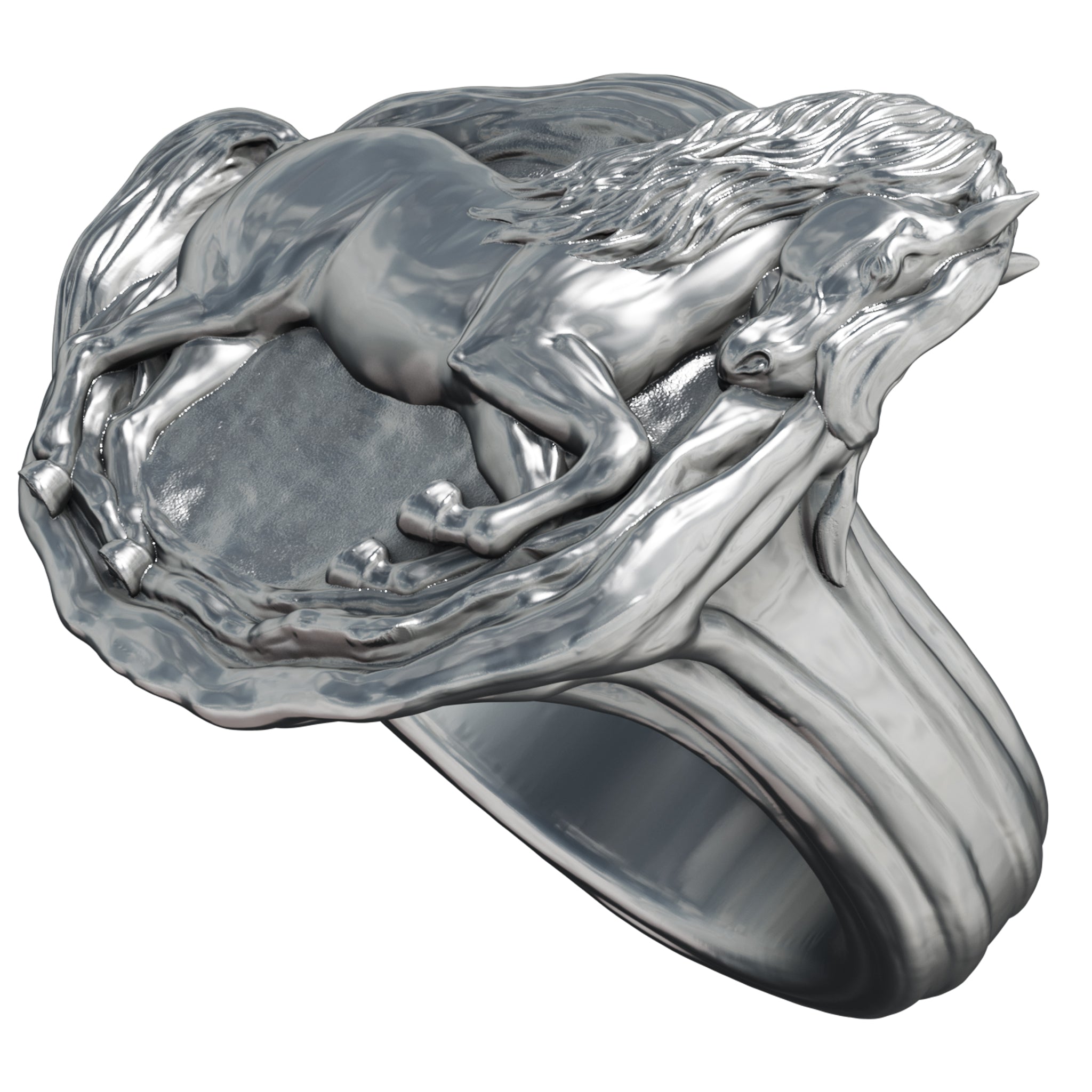Flowing Mane Horse Solid Silver Ring