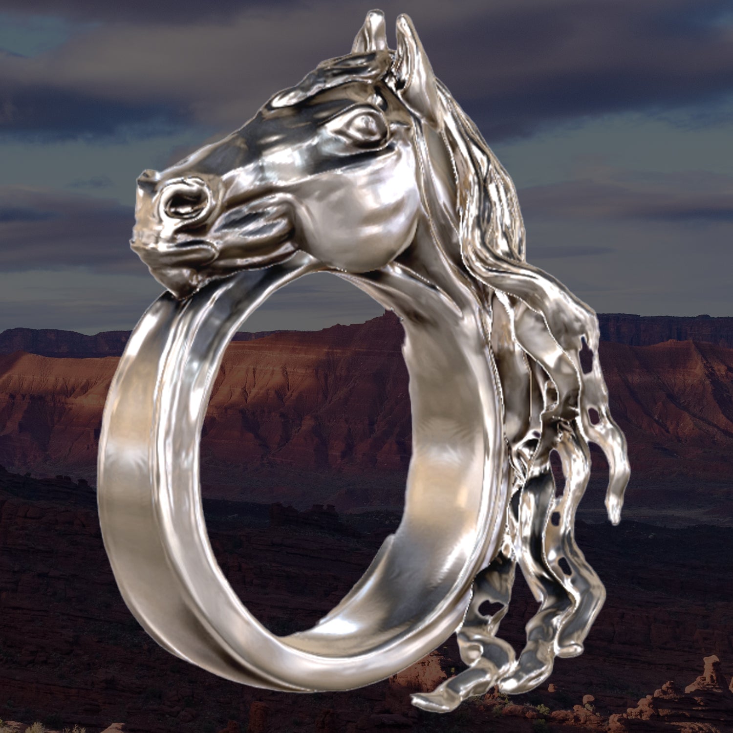 A bold silver ring for women featuring a detailed horse head, a piece that embodies the spirit of a wild horse.