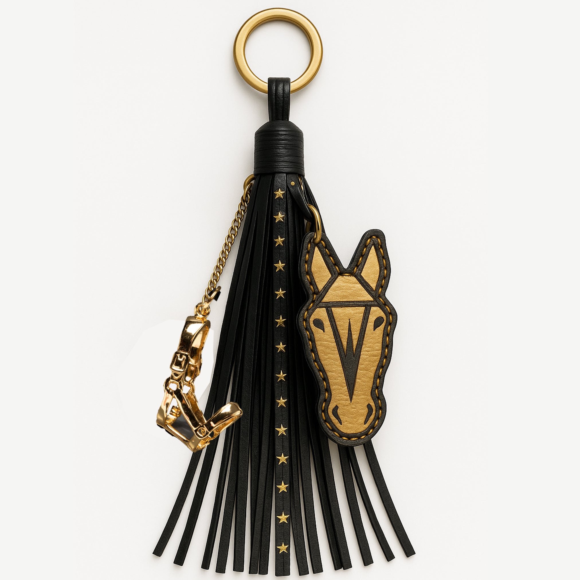 Leather Fringe Keyring with a polished gold horse and head collar charm, a stylish equestrian gift for horse lovers.