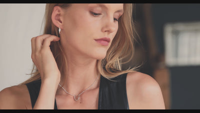 A short clip featuring a woman wearing an elegant horse jewelry set, with a focus on a horseshoe necklace and her earrings.