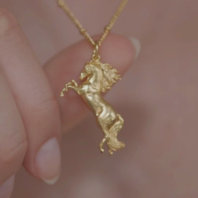A short video showcasing a hand holding a stunning gold necklace with a rearing horse pendant.