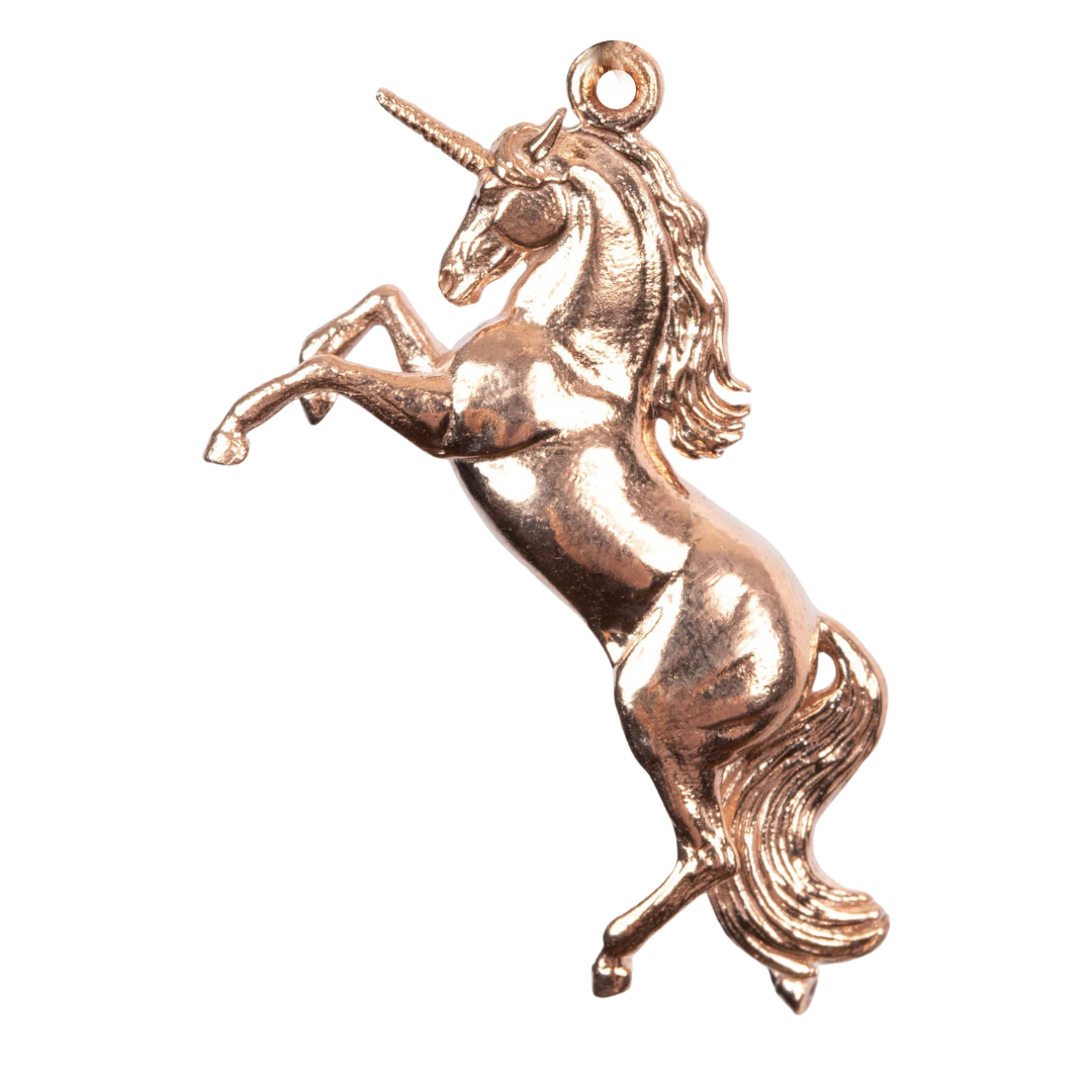 A beautiful product photo of a detailed rose gold horse pendant, rearing on its hind legs.