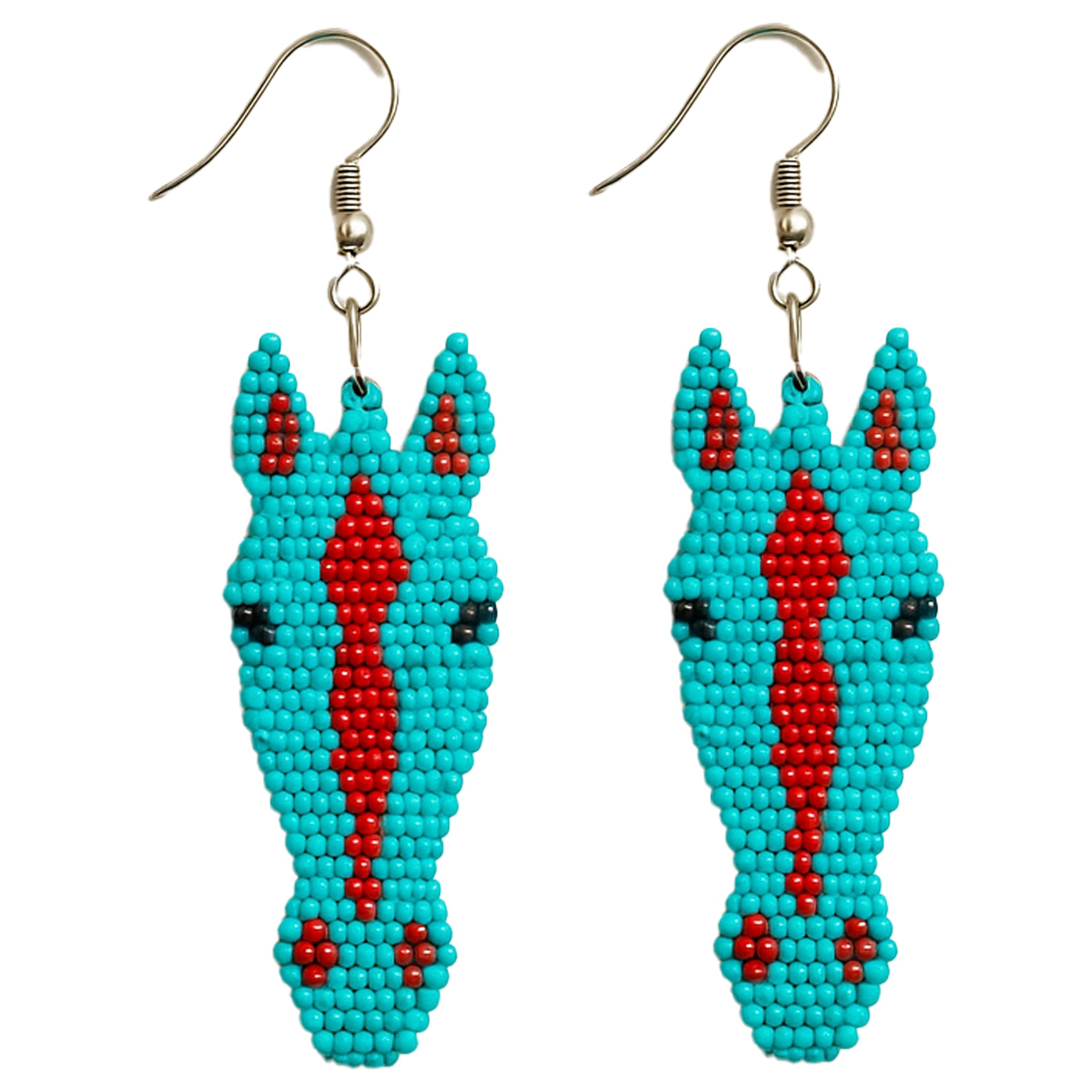 Turquoise and red beaded horse earrings worn by a woman to present women's jewelry collection for the modern equestrian.