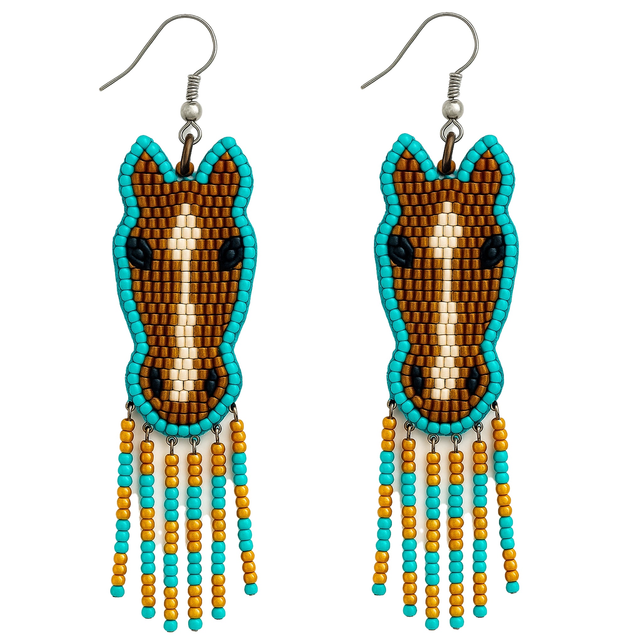 TURQUOISE ORANGE AND BROWN BEADED HORSE EARRING